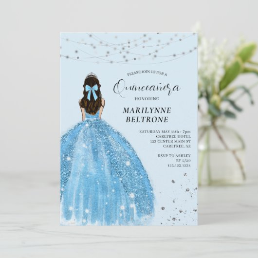 Blauw en Zilver Prinses Quinceañera Kaart (Staand voorkant)
