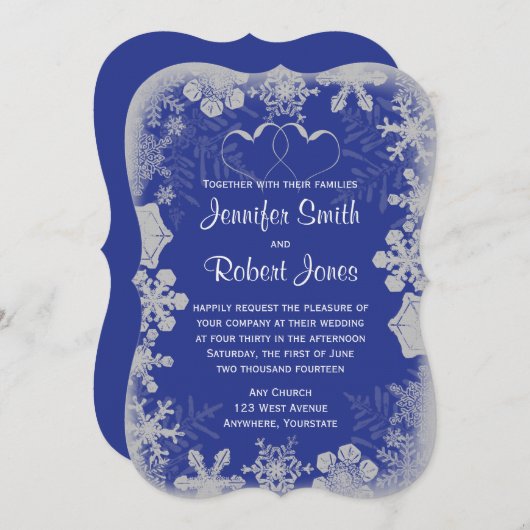 Blauw en Zilver Sneeuwvlok Bruiloft Uitnodiging (Voorkant / Achterkant)