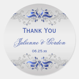 Blauw en Zilver Swirls Ronde Bruiloft Favor Sticker