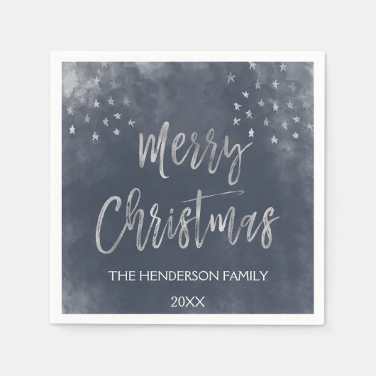 Blauw en Zilver Waterverf Kerstscript Servet (Voorkant)