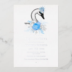 Blauw en zilver Zwan Quinceañera Folie Uitnodiging