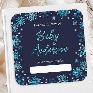 Blauw en Zilveren Sneeuwvlokken Baby Shower Ex-Lib Vierkante Sticker
