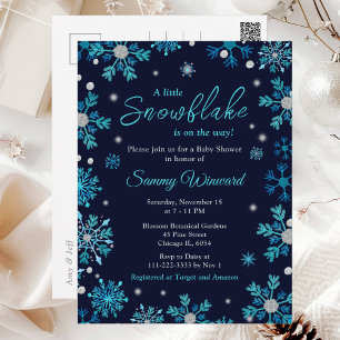 Blauw en Zilveren Sneeuwvlokken Winter Baby Borrel Briefkaart