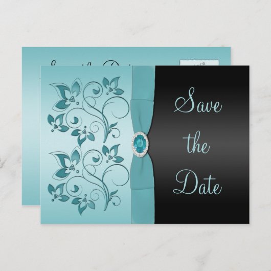 Blauw en zwart Bloemen Save the Date Briefkaart (Voorkant / Achterkant)