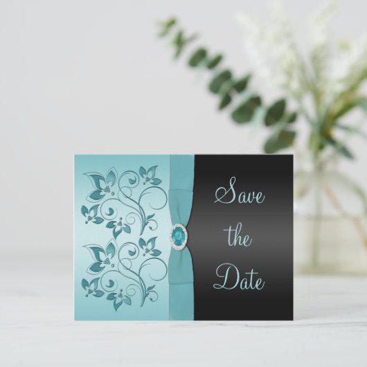 Blauw en zwart Bloemen Save the Date Briefkaart (Staand voorkant)