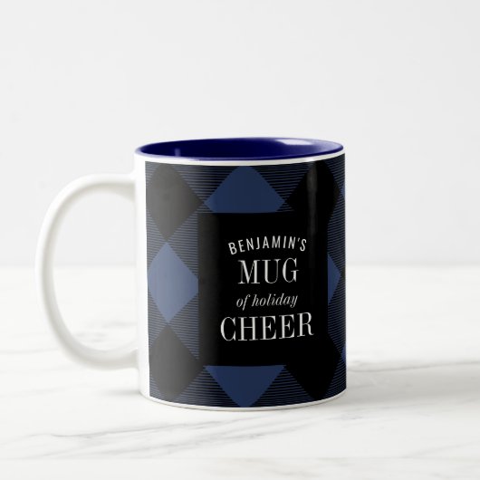 Blauw en zwart Buffalo Check geruite Funny Christm Tweekleurige Koffiemok (Links)