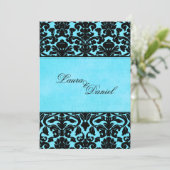 Blauw en zwart Damask bruiloft uitnodiging (Staand voorkant)