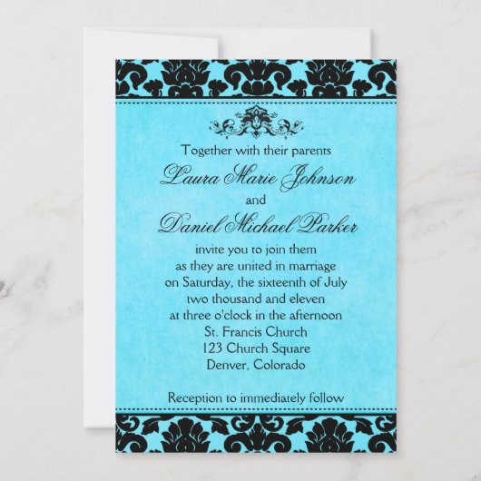 Blauw en zwart Damask bruiloft uitnodiging (Achterkant)