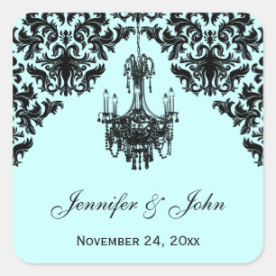 Blauw en Zwart Damask Kroonluchter Bruiloft Sticke Vierkante Sticker