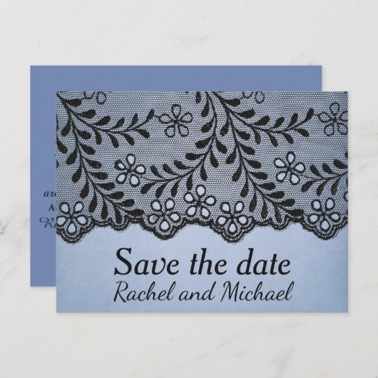 Blauw en Zwart Faux Kant Sla de datum op Aankondigingskaart (Voorkant / Achterkant)