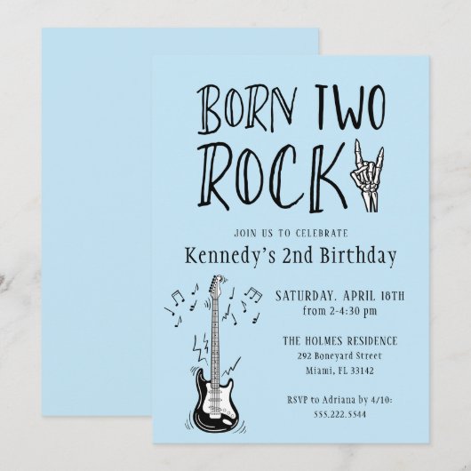 Blauw en Zwart Geboren Twee Rock Gitaar 2e Verjaar Kaart (Voorkant / Achterkant)