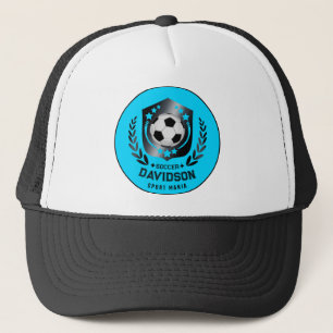 Blauw en zwart gepersonaliseerd voetbal met aangep trucker pet