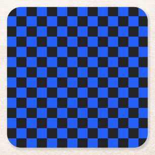 Blauw en zwart schaakbordpatroon vierkante kartonnen onderzetter
