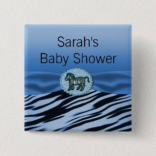 Blauw en zwart Zebra Glitter Baby shower Vierkante Button 5,1 Cm