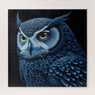 Blauw en Zwarte Serieuze Uil Legpuzzel