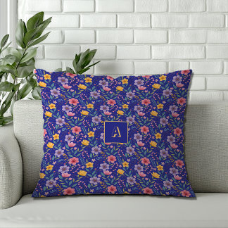 Blauw enkelvoudig wildflower patroon monogram kussen