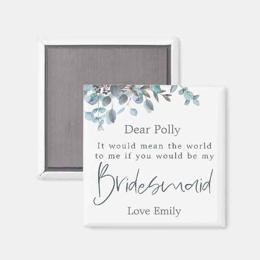 Blauw Eucalyptus Leaf Script Bridesmaid Request Magneet (Voorkant / Achterkant)