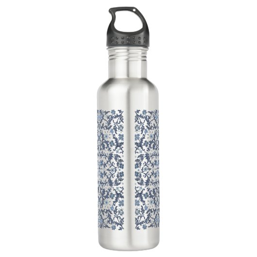 Blauw Fancy Bloemen Grafisch Patroon Gepersonalise Waterfles (Achterkant)