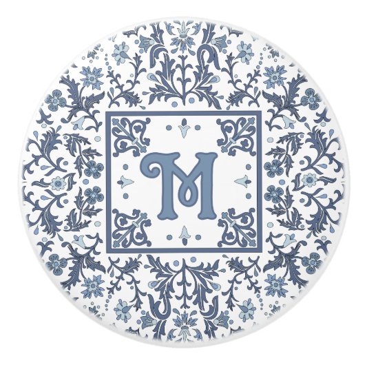 Blauw Fancy bloempatroon gepersonaliseerd Keramische Knop (Voorkant)