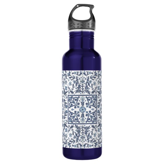 Blauw Fancy Floral Graphic Pattern Waterfles (Voorkant)
