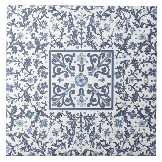 Blauw Fancy grafisch bloemmotief Tegeltje (Voorkant)