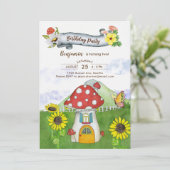 Blauw Fantasie Bos Paddenstoelhuis Pret Verjaardag Kaart (Staand voorkant)