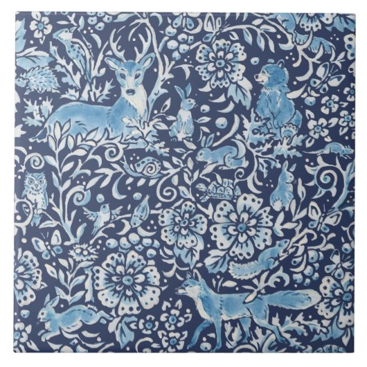 Blauw Fantasy Forest Animals Woodland Fox Rabbit Tegeltje (Voorkant)