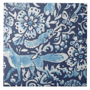 Blauw Fantasy Forest Mural Bossen Fox Rechts Tegeltje