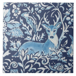 Blauw Fantasy Forest Mural Woodland Deer Linksbove Tegeltje