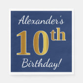 Blauw, Faux Gold 10th Birthday + Eigen naam Servetten (Voorkant)