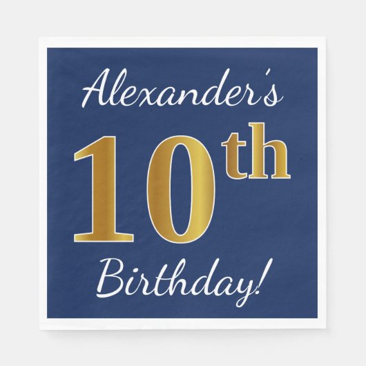 Blauw, Faux Gold 10th Birthday + Eigen naam Servetten (Voorkant)