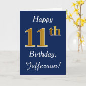 Blauw, Faux Gold 11e verjaardag + Aangepaste naam Kaart (Gele Bloem)
