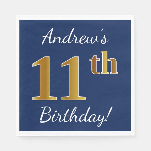 Blauw, Faux Gold 11e verjaardag + Aangepaste naam Servetten (Voorkant)