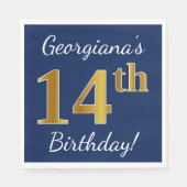 Blauw, Faux Gold 14e verjaardag + Aangepaste naam Servetten (Voorkant)
