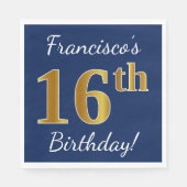 Blauw, Faux Gold 16e verjaardag + Aangepaste naam Servetten (Voorkant)