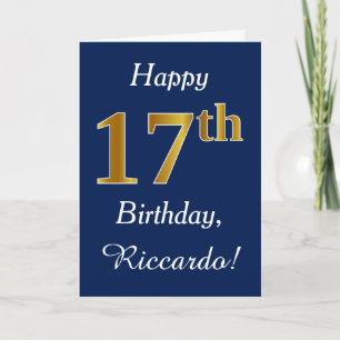 Blauw, Faux Gold 17th Birthday + Eigen naam Kaart