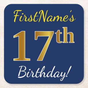 Blauw, Faux Gold 17th Birthday + Eigen naam Vierkante Kartonnen Onderzetter