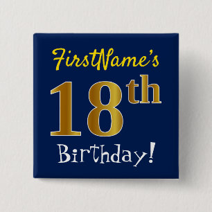 Blauw, Faux Gold 18e verjaardag, met aangepaste na Vierkante Button 5,1 Cm