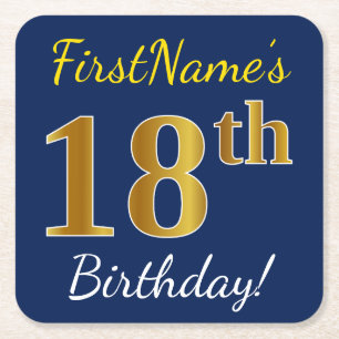 Blauw, Faux Gold 18th Birthday + Eigen naam Vierkante Kartonnen Onderzetter