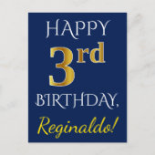 Blauw, Faux Gold 3de verjaardag + Aangepaste naam Briefkaart (Voorkant)