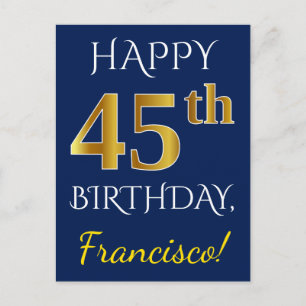 Blauw, Faux Gold 45th Birthday + Eigen naam Briefkaart