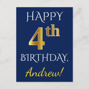 Blauw, Faux Gold 4th Birthday + aangepaste naam Briefkaart
