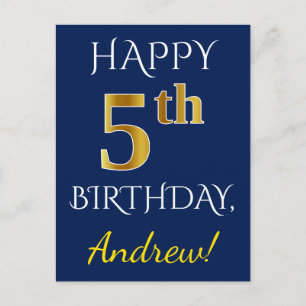 Blauw, Faux Gold 5th Birthday + Eigen naam Briefkaart
