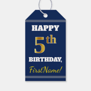 Blauw, Faux Gold 5th Birthday + Eigen naam Cadeaulabel