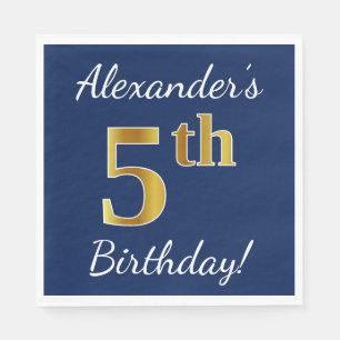 Blauw, Faux Gold 5th Birthday + Eigen naam Servetten