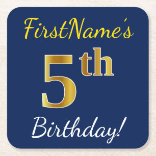 Blauw, Faux Gold 5th Birthday + Eigen naam Vierkante Kartonnen Onderzetter