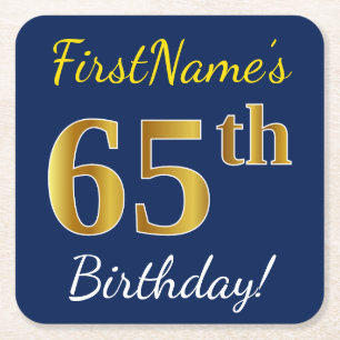 Blauw, Faux Gold 65th Birthday + Eigen naam Vierkante Kartonnen Onderzetter