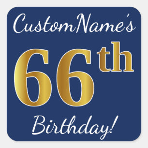 Blauw, Faux Gold 66th Birthday + Aangepaste naam Vierkante Sticker
