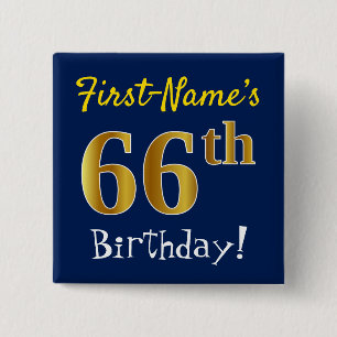 Blauw, Faux Gold 66th Birthday, met aangepaste naa Vierkante Button 5,1 Cm