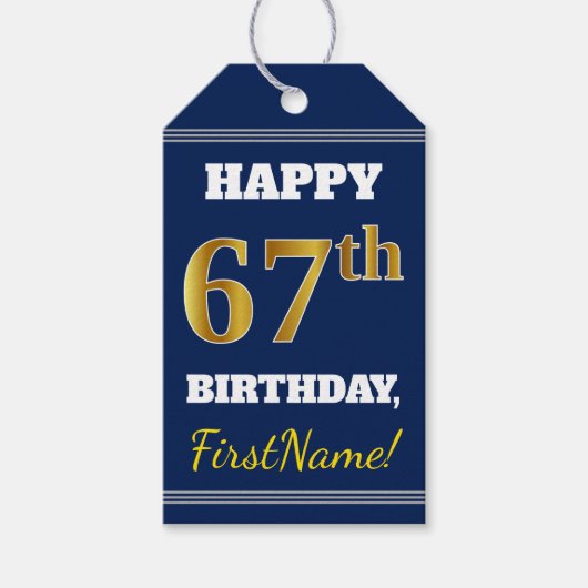 Blauw, Faux Gold 67th Birthday + Eigen naam Cadeaulabel (Voorkant)
